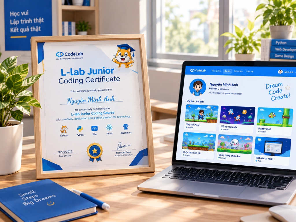 Chứng chỉ L-lab Junior Coding Certificate cùng trang portfolio dự án cá nhân