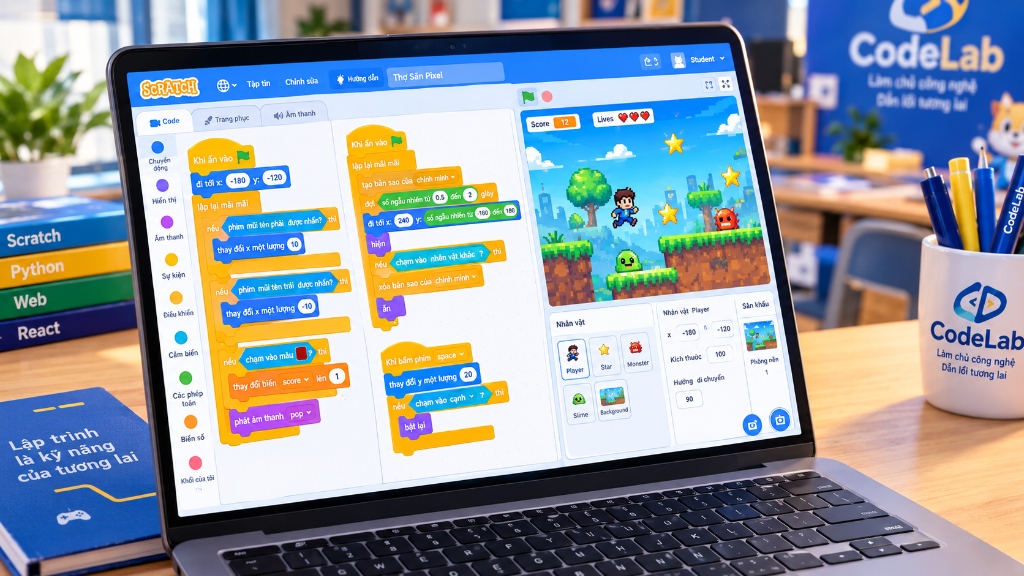 Giao diện lập trình Scratch dự án Thợ Săn Pixel với các khối lệnh tiếng Việt trực quan tại CodeLab