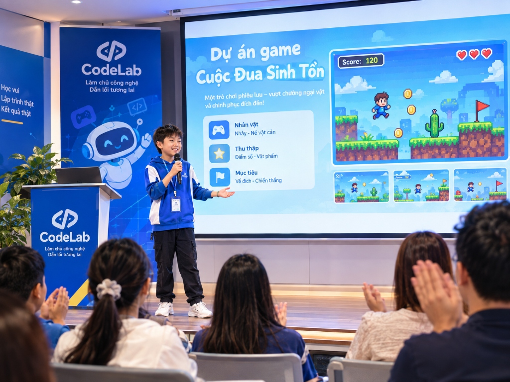 Học viên CodeLab tự tin thuyết trình dự án game Cuộc Đua Sinh Tồn trước sân khấu