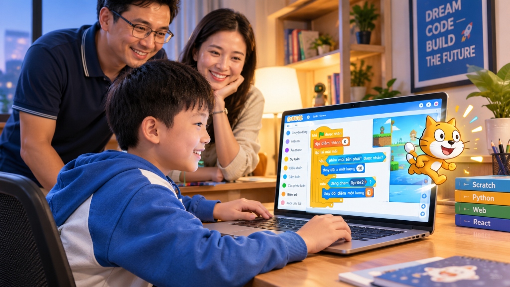 Bé hào hứng học lập trình Scratch cùng sự đồng hành của ba mẹ tại CodeLab