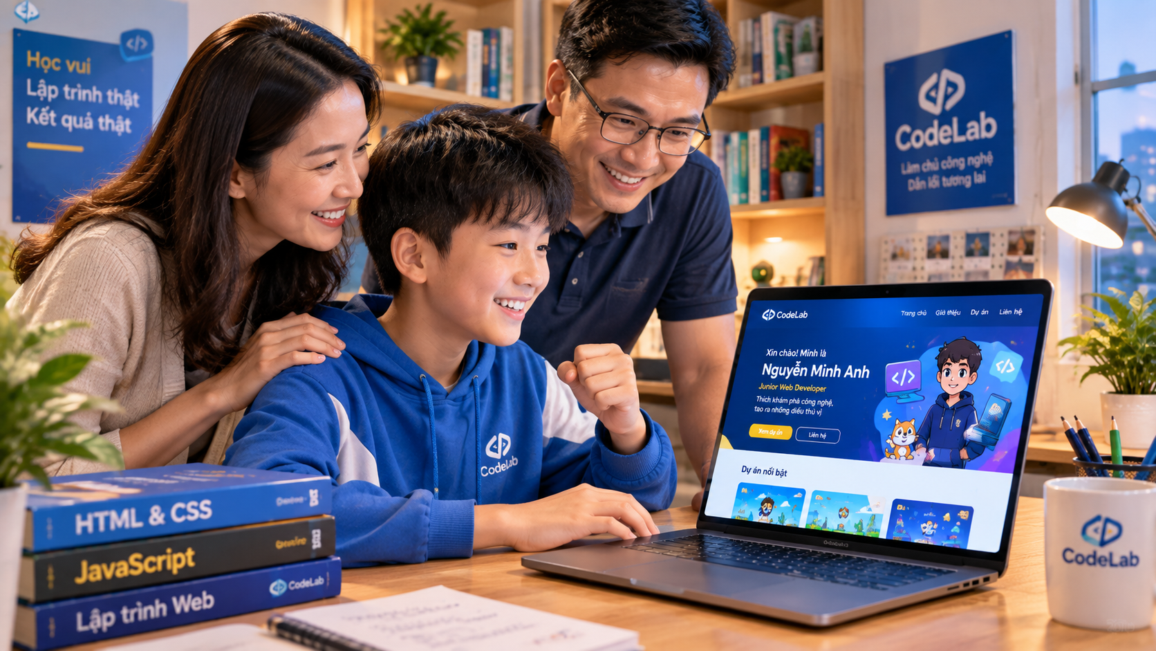 Học sinh hào hứng tự tay xây dựng website cá nhân trên máy tính