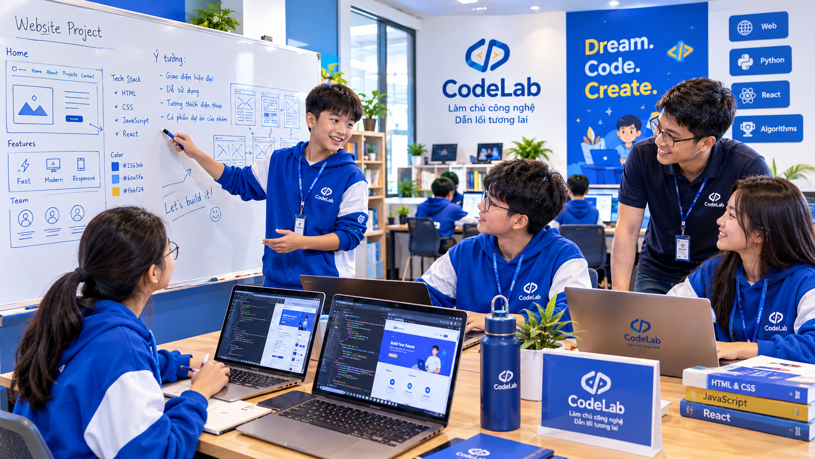 Học sinh thảo luận và phác thảo ý tưởng dự án website tại CodeLab
